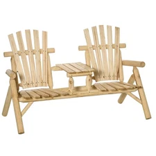 Classic Natural Adirondack Lounge for Two with Built-In Drink Holder Table