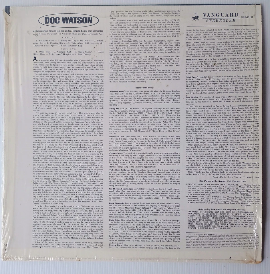 Doc Watson - Self Titled (1964) Blues Folk Country Vanguard VSD-79152 - Image 2 of 4