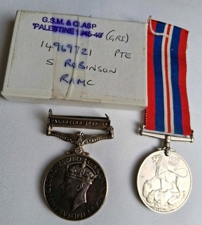 G.S.M.& Clasp 'Palestine 1945 48 '14969721 S Robinson Ram C Medal 1939 45 Medal