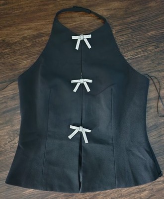 Mable Halter Backless Top Size Large  Rhinestone Bows Black L 