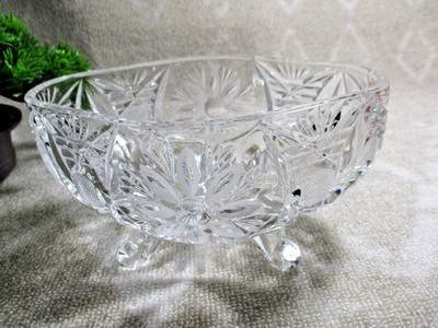 Vintage Crystal Open Candy Dish , Four Feet, Flowers Geometric Designs