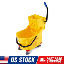 35QT Commercial Double Bucket Side Press Mop Bucket Set Wringer Rolling Wheels