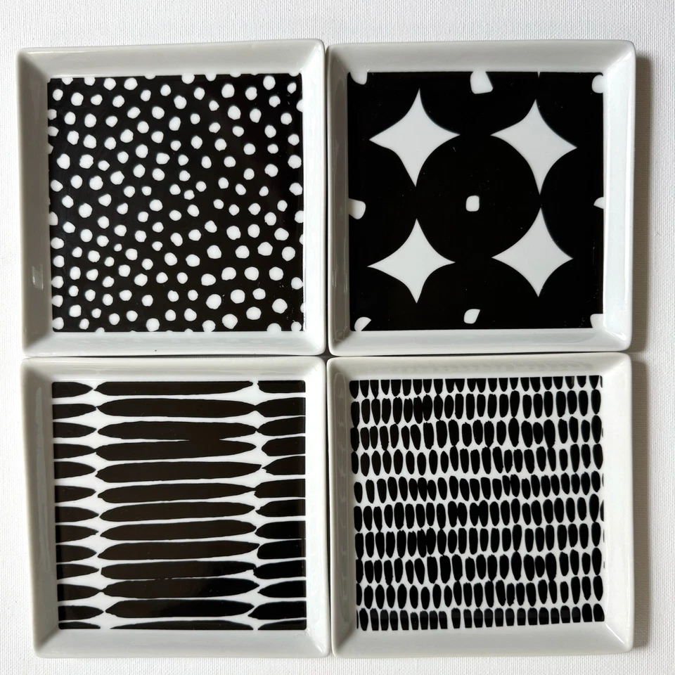 Crate & Barrel Appetizer Plates Set of 4 Black White Square Stoneware Geometric - Image 2 of 4