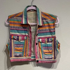 Vintage Southwestern Colorful Striped Sleeveless Vest 100% Cotton Size Small