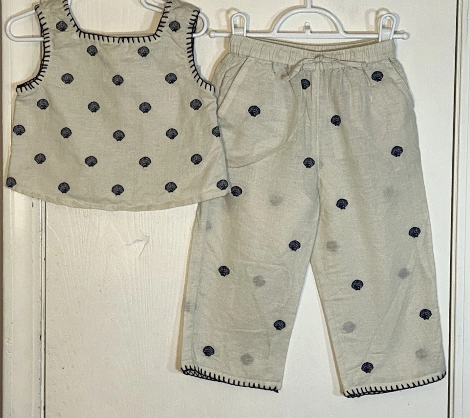 Conjunto de dos piezas Crewcuts niña talla 4 azul marfil conchas marinas mezcla de lino usado en excelente estado Foto 3 de 4
