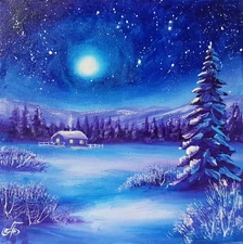 Original Oil Impressionist Landscape Painting Winter Night Snow Cabin Art