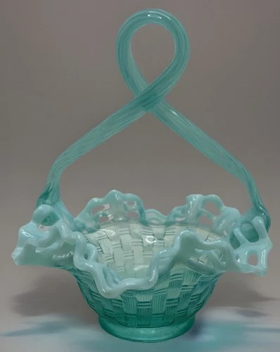 Fenton Glass Opalescent Basket Looped Handle Drapery Basketweave Blue Green Mint