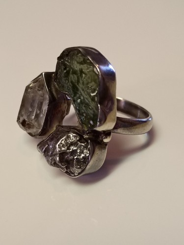 Moldavite, Iron Meteorite And Herkamer Ladies Ring Size 7 In Sterling Silver 