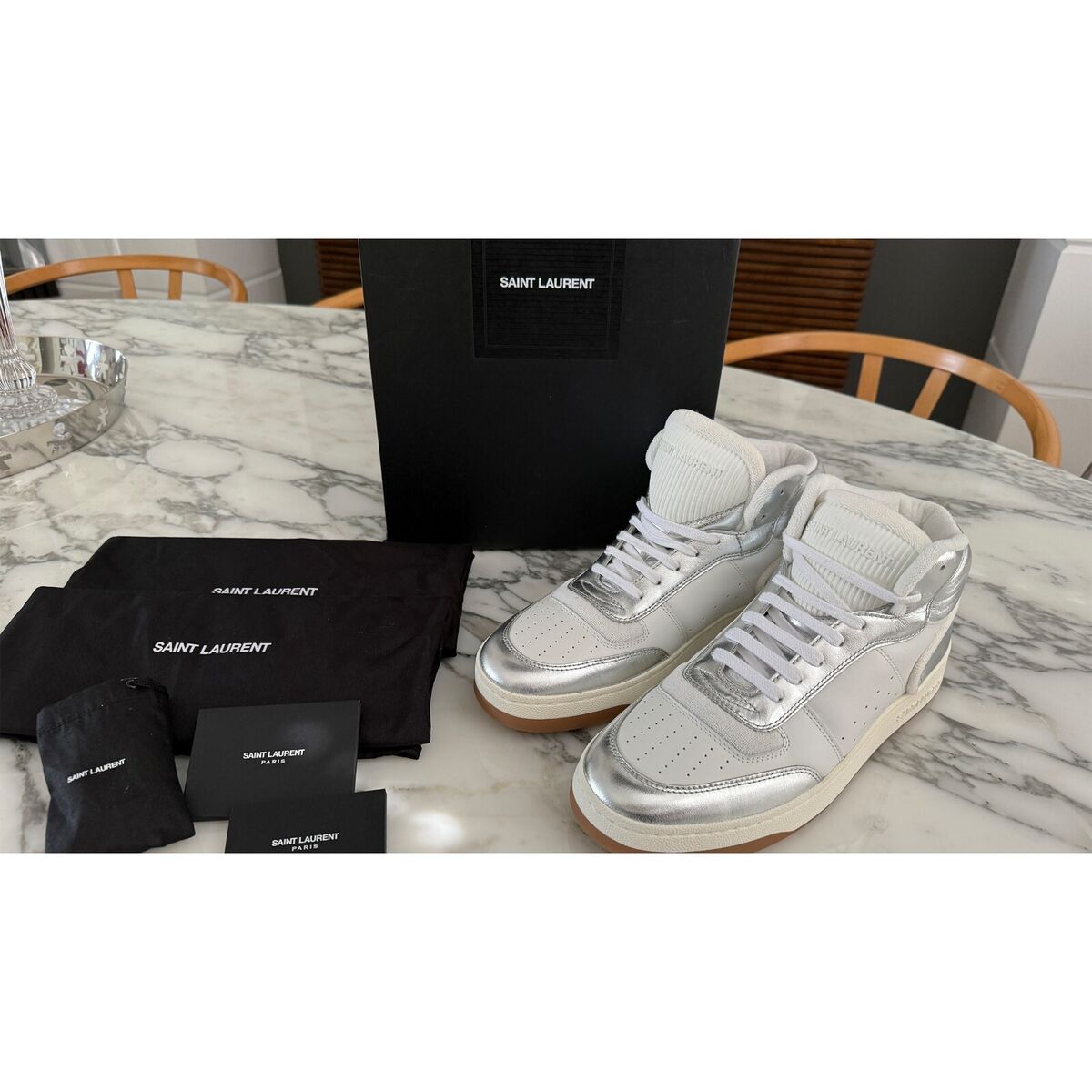 YSL Saint Laurent 711250 White & Metallic Silver Men's High YSL Saint Laurent 711250 White & Metallic Silver Men's High