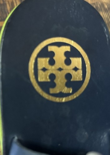 Tory Burch Wedge Sandals Sz 8.5 Blue & Lime Green Wooden Wedge Slingback Buckle - Picture 16 of 19