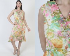 Vtg Romantic Floral Chiffon Dress 60s Neiman Marcus Silver Key Mod Go Go Mini