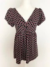 Studio M Petite Womens Top Blouse Size MP Black Red V Neck Pleated Puff Sleeve