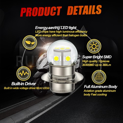 Ruiandsion H6M Ampoule LED P15D Moto Phare 6V 12V 24V Blanc Blanc Chaud - Picture 6 of 10