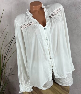 Leichte legere Bluse Häkelspitze Perlmuttknöpfe Italy WEIß  38 40 42