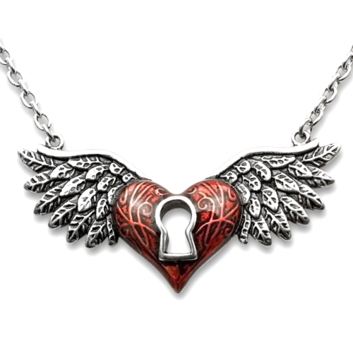 Winged Heart Necklace Red Keyhole Love Pendant stainless steel by controse - Afbeelding 1 van 7