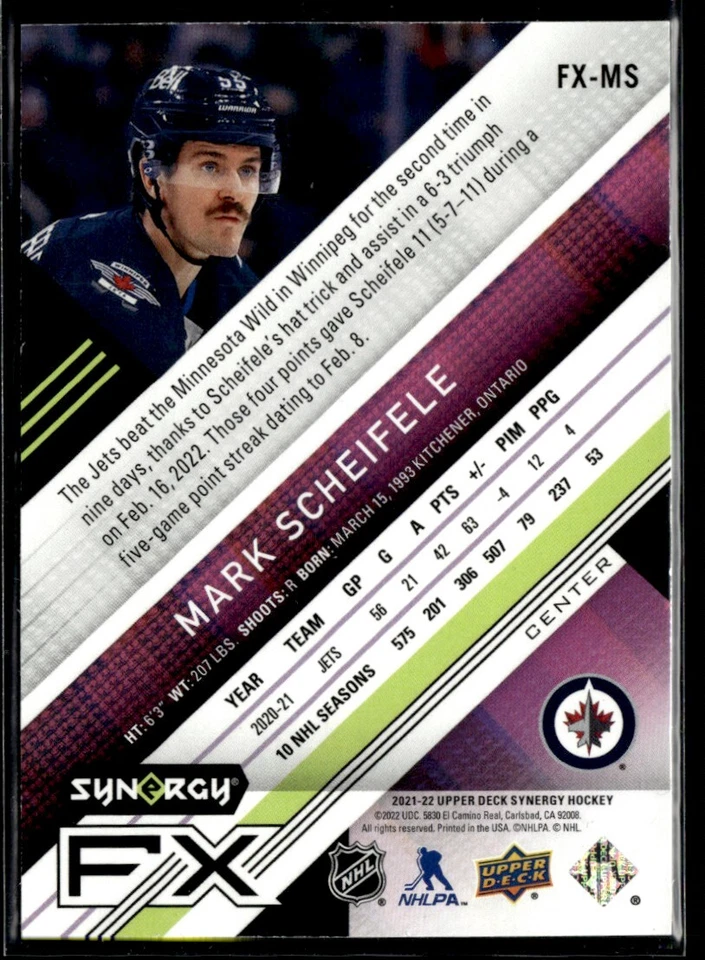2021-22 Upper Deck Synergy FX Mark Scheifele 310/749 #FX-MS H8R3B - Image 2 of 2