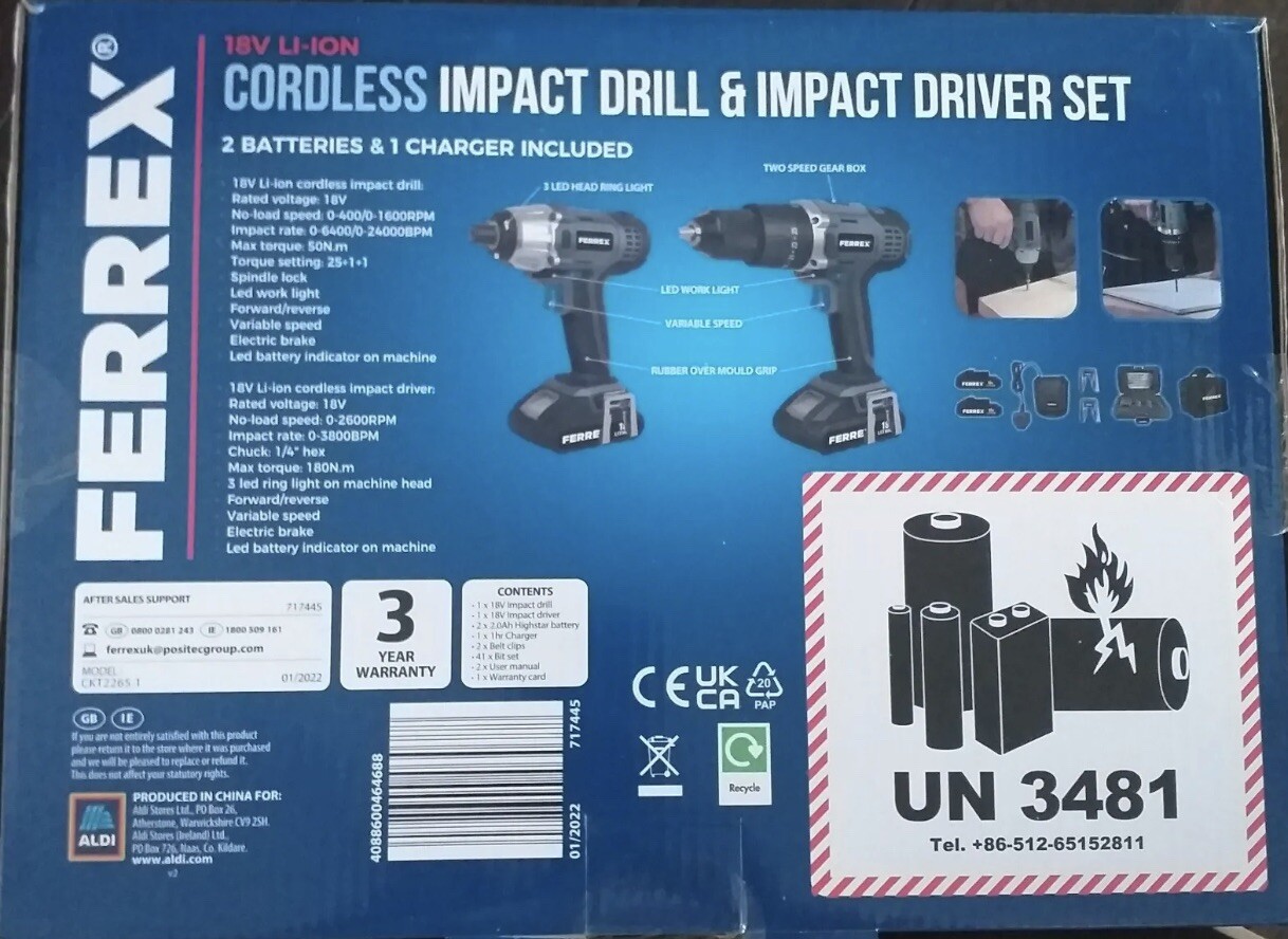 ferrex cordless impact drill and impact driver set with 2 batteries and