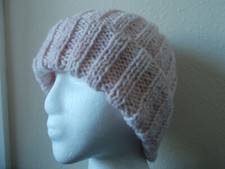 Hand knitted warm and cozy wool blend beanie/hat, light petal pink
