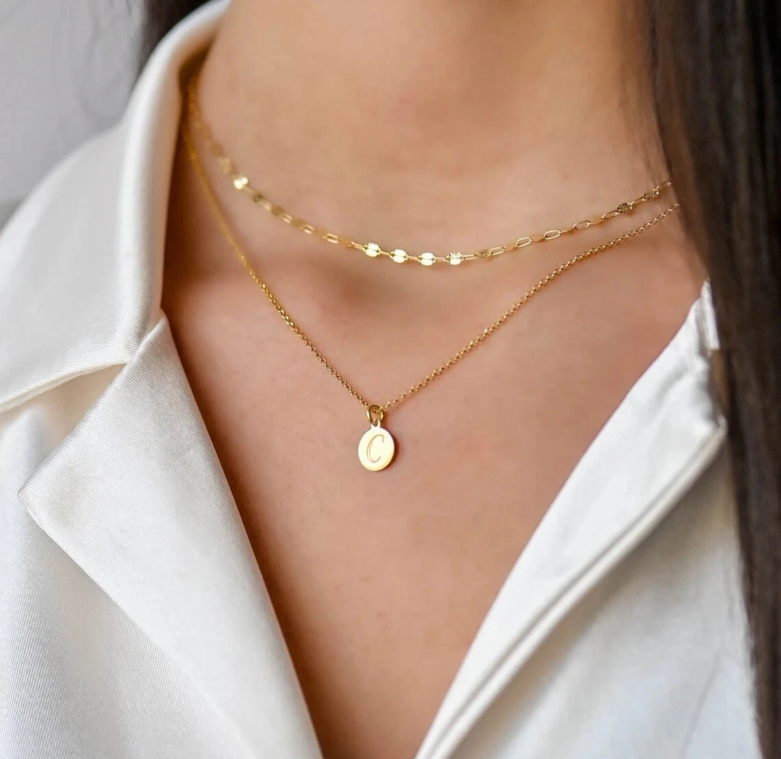 Dainty Double Chain Layered Initial Necklace Set in 14K Yellow