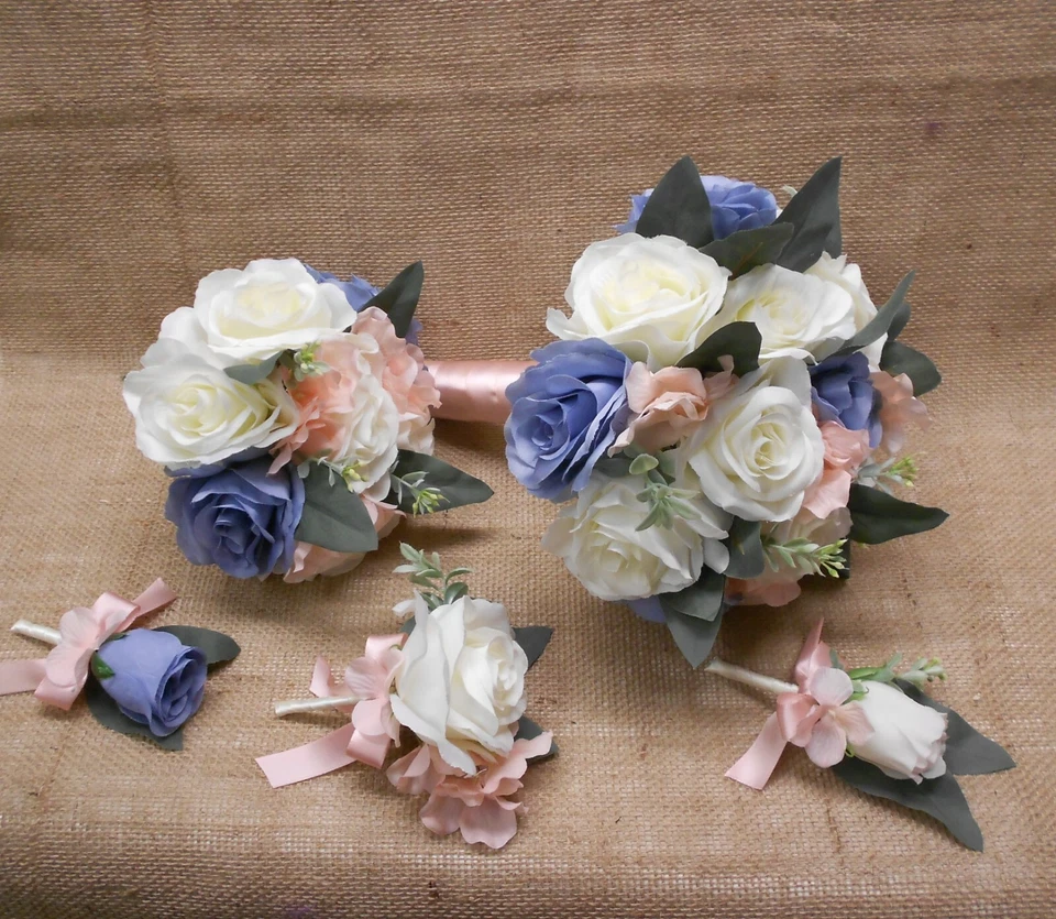 Wedding Silk Flower Bridal Bouquets Ivory Cream Pink Blush Dusty Blue Eucalyptus - Image 4 of 4