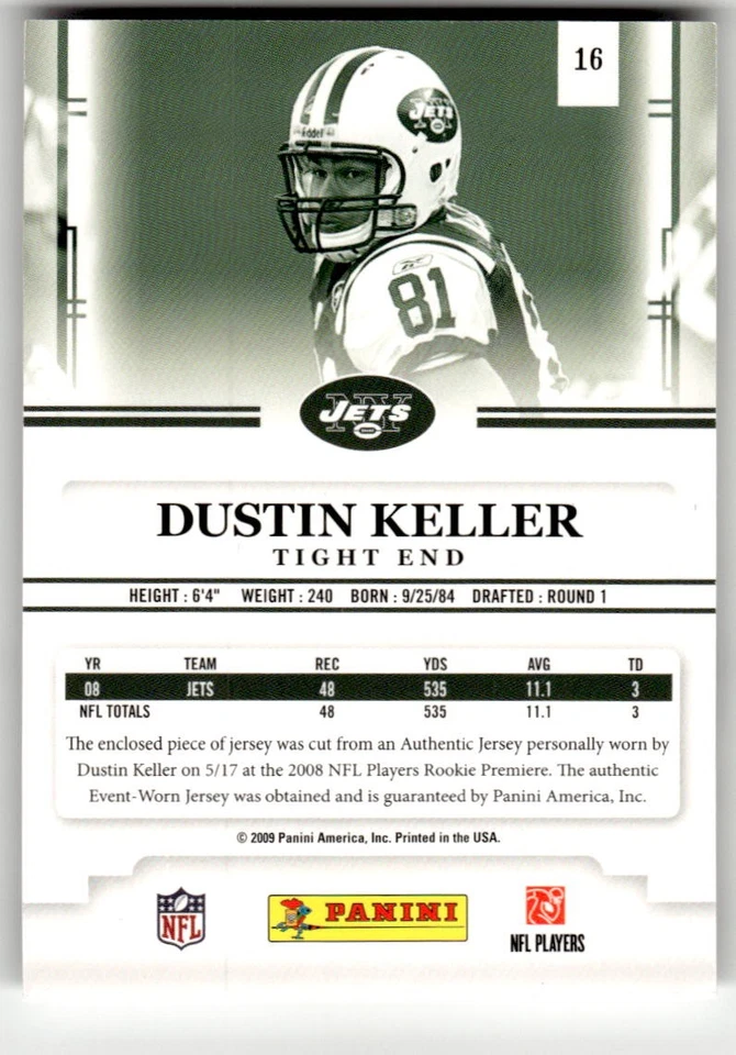 2009 Playoff Prestige Dustin Keller Rookie Review Materials #16 - Image 2 of 2