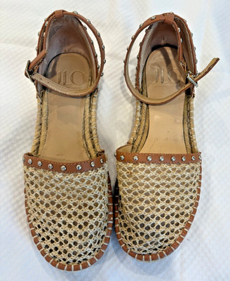 JLO Tan Mary Jane Woven Flat Sandals with Metal Studs 7.5M