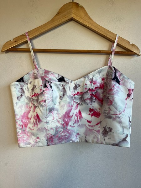 Bardot Floral Corset Crop Top Pink White Satin Print Size 10