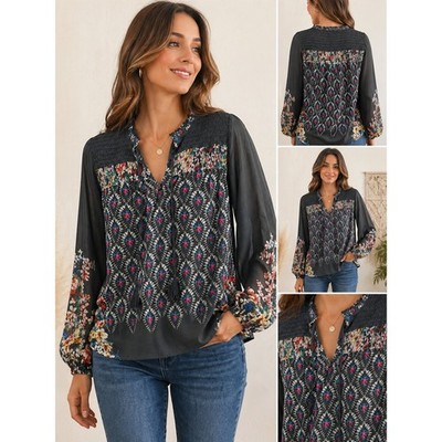 Philosophy Blouse Floral Geometric Smocked Tassel Boho Black Small