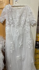 Lace Embroidered Short Sleeve A-Line Tulle Wedding Dress White Full-Length