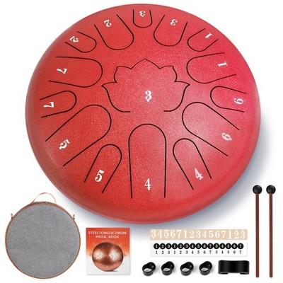 Red Steel Drum 15 Note 12 Inch Tongue Handpan Music Book Mallet Carry Bag