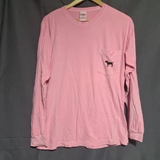 Victorias Secret PINK Medium Long Sleeve Campus Tee Pink Logo Pocket 100% Cotton