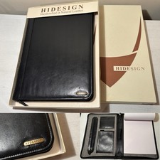 BOXED HIDESIGN Black 100% LEATHER A4 Folio Case NOTEPAD Internal Pockets