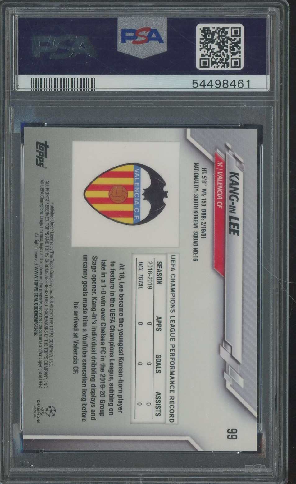 2019 Topps Chrome UCL Soccer Sapphire Edition #99 Kang-In Lee RC Rookie PSA 10 view 2