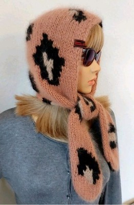 Knitted Angora Hood with ties, Knitted Angora Scarf-Bonnet, Knitted Wool hat