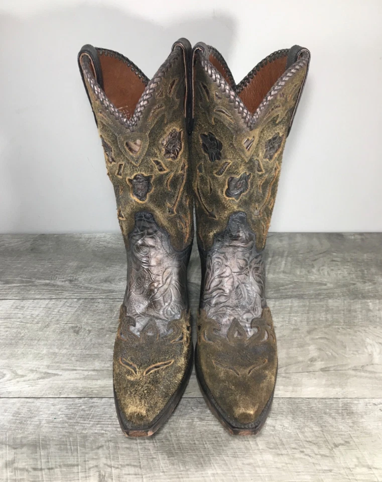 Womens Dan Post DP3626 Bronze Tooled Floral Leather Cowboy Western Boots 9.5 - Image 3 of 4