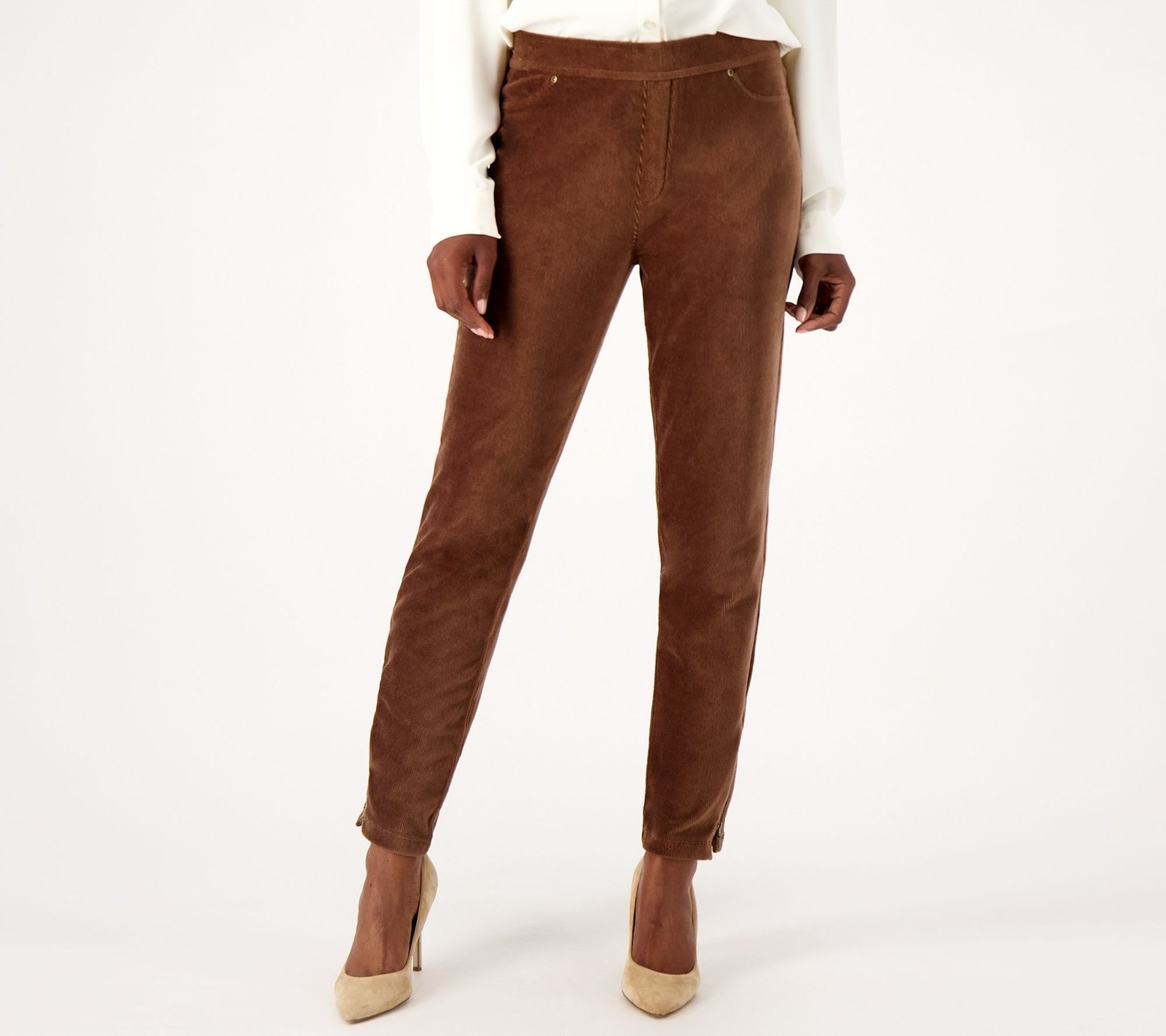 Susan Graver Women's Petite Pants PS Knit Corduroy Straight Leg Brown A297162