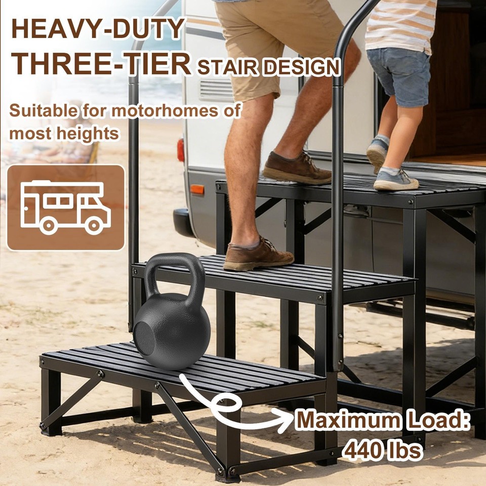 3 Step RV Steps with Removable Handrail 660 LB Steel Stairs Anti-Slip ...