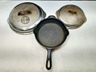 Lot Vintage GRISWOLD #5 Cast Iron Skillet + #8 Basting Lids 1098-B + 2595 RESTO