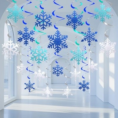20 Pcs Winter Snowflake Hanging Swirls Decorations - Snowflake Blue Silver