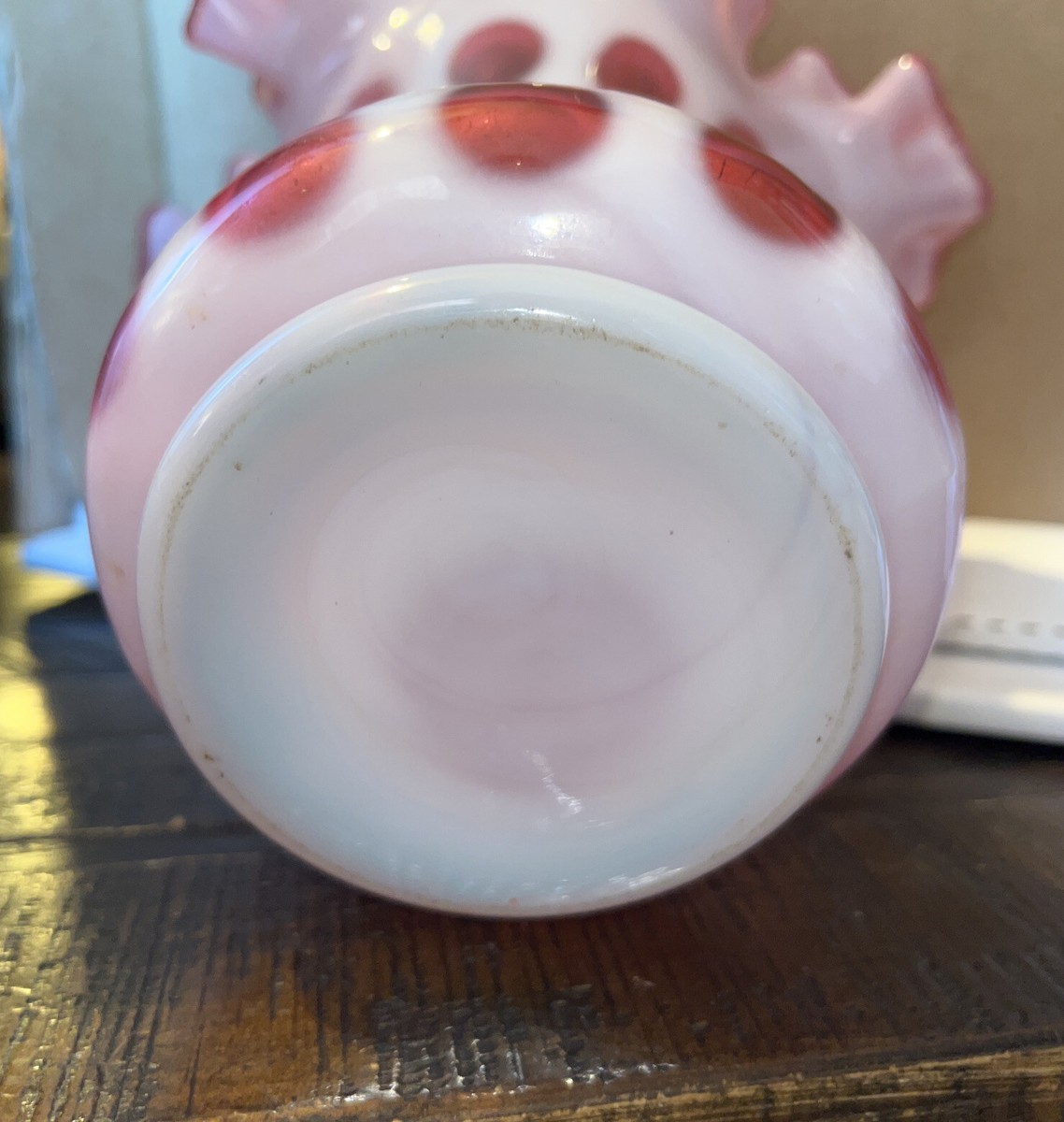 Vintage Fenton Cranberry Coin Dot Vase Red Pink Flared Crimped