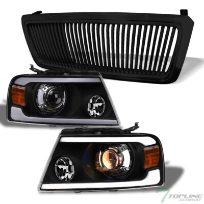 Topline For 04-08 F150 Blk LED Strip Bar Projector Headlights Am+Vertical Grille