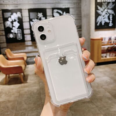 For iPhone 15 16 Pro Max 13 11 12 XR 8 7+ Card Holder Case Clear Silicone Cover