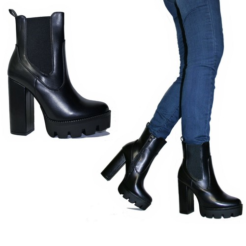 STIVALI STIVALETTI TRONCHETTO platform tacco 13 cm nero pelle sintetica  9091 EUR 59,00 - PicClick IT