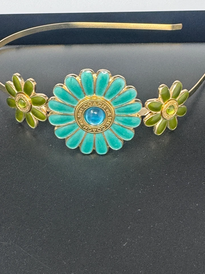 Coach Vintage Teal Green Enamel Glass Gold Daisy Flowers Snaphead Headband Tiara - Image 3 of 4