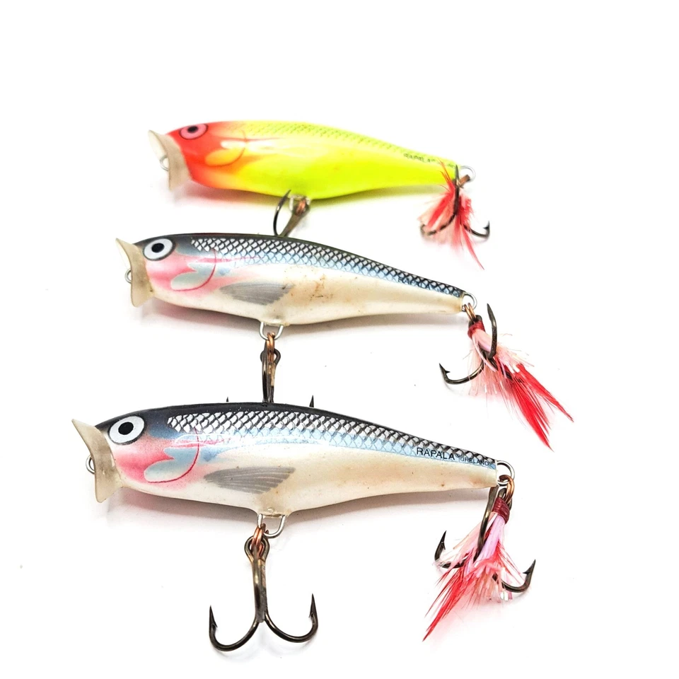 Lote de 3 señuelos de pesca Rapala hechos en Irlanda señuelo Topwater cola pluma vintage Foto 2 de 4