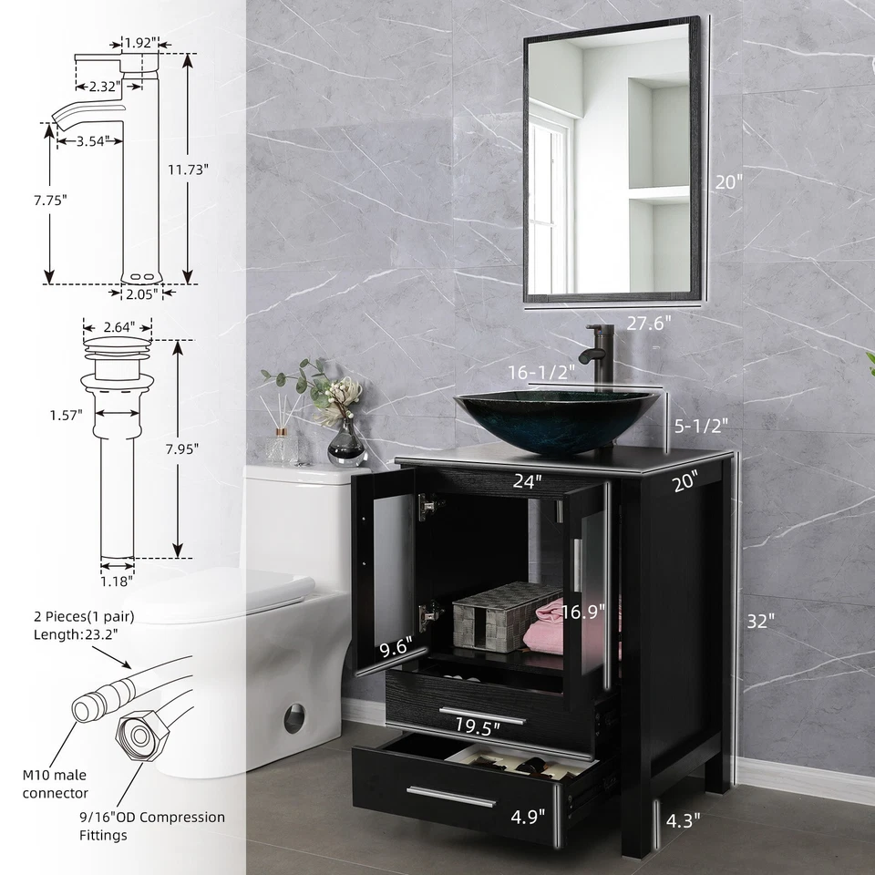 Juego de Tocador de Baño 24" Turquesa Cuadrado Vaso Vidrio Fregadero Mueble Sin Espejo Foto 2 de 4
