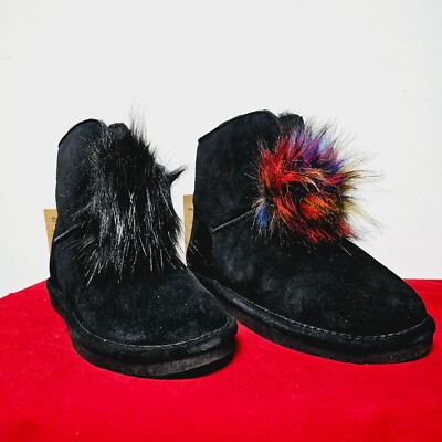 BEARPAW Libby Suede Sheepskin Pom Pom Boot w NeverWet in Black, Choose Size 