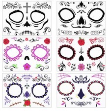 Day Of The Dead Sugar Skulls Face Tattoos Halloween Party Favor 6 Pack Kid Adult