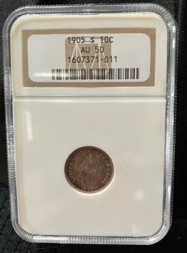 About Uncirculated 1905 S Barber Dime NGC AU 50