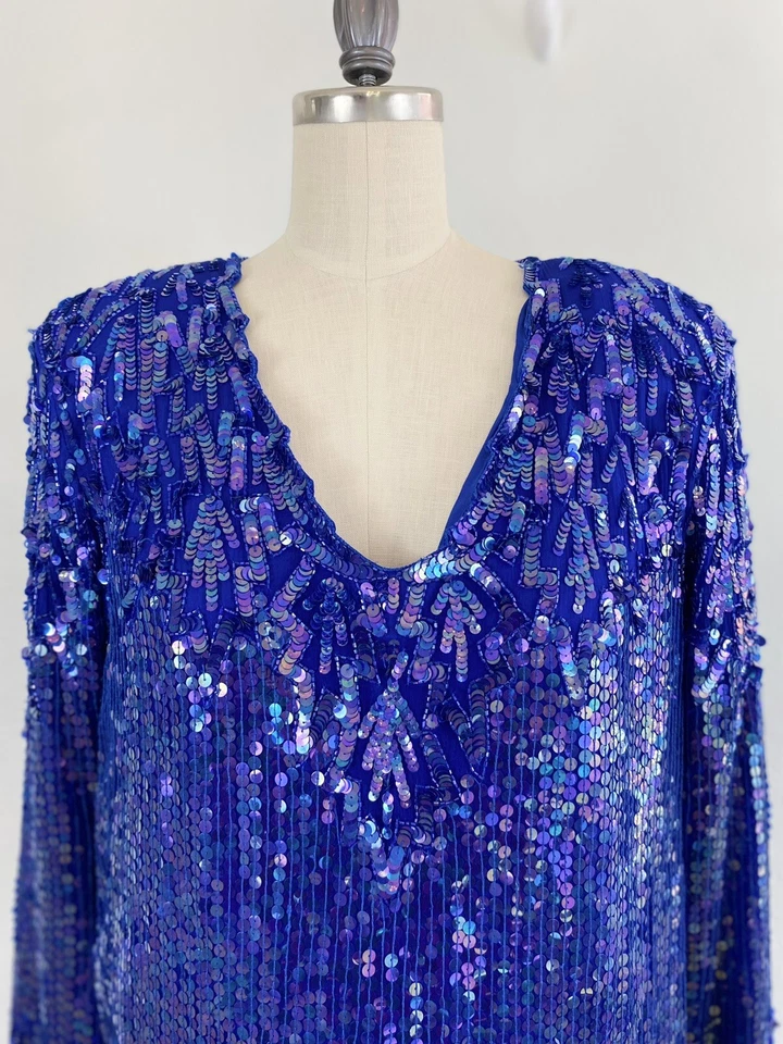 Stenay De Colección Años 90 80 Lentejuelas Conjunto de 2 Piezas Blusa de Seda Falda Midi en Azul Real Talla L - Imagen 3 de 4